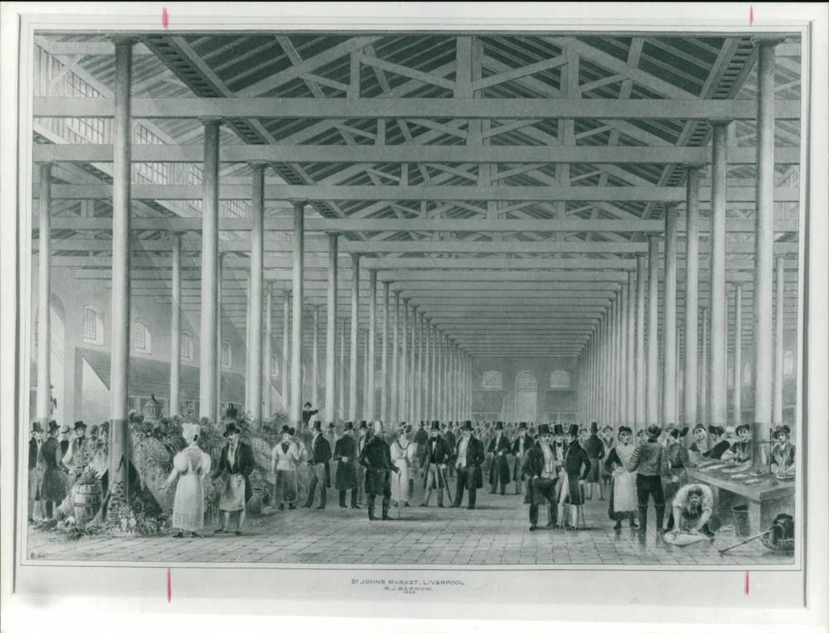 Interior of St John’s Market, Liverpool, in 1834.