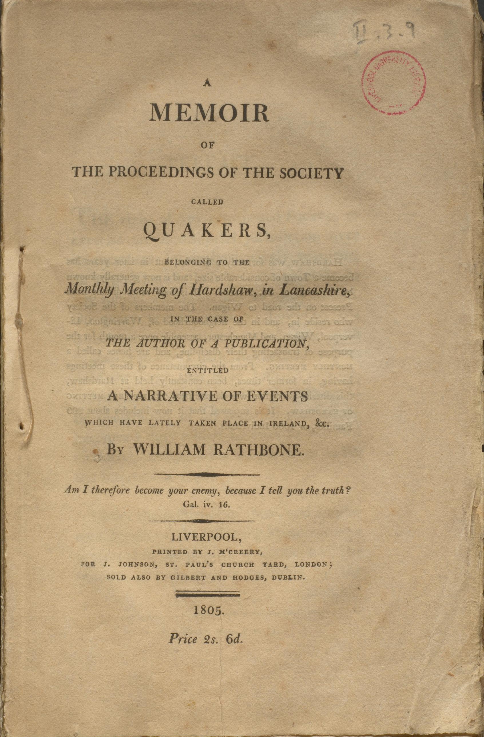 Title page of William Rathbone IV’s 1805 Memoir concerning proceedings of the Society of Friends.