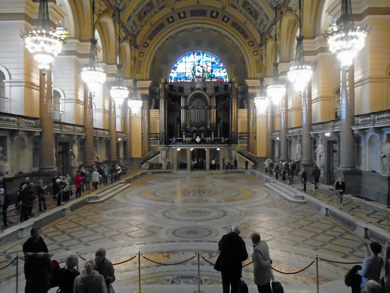 The exposed Minton floor and Willis organ in the Great Hall of St George’s Hall Liverpool.