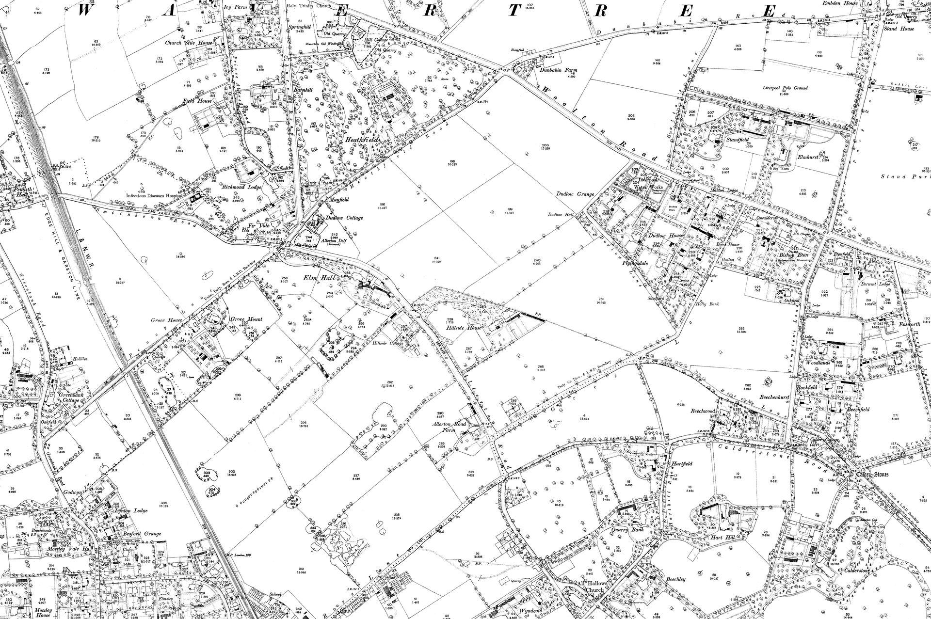 Ordnance Survey map showing Smithdown Road and the surrounding south Liverpool landscape between 1874 and 1893.