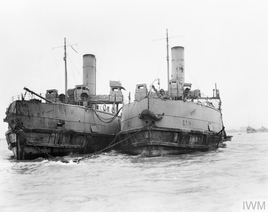 HMS Daffodil and HMS Iris II at Dover after the Zeebrugge Raid in April 1918.
