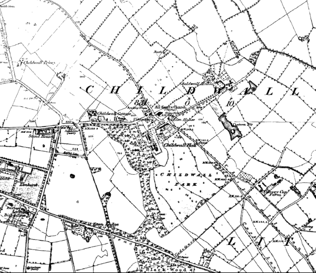 Ordnance Survey map of Childwall in 1849, showing the historic village, All Saints Church, Childwall Hall and surrounding fields.